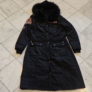 Double D Ranch Decatur Duster Large Black Quilted Jacket with Fox Fur